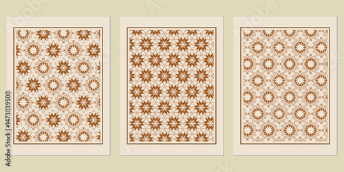 Elegant floral motif triptych featuring geometric patterns in earthy brown tones, ideal for decorative art print or wall panel, evoking a sense of subtle vintage charm