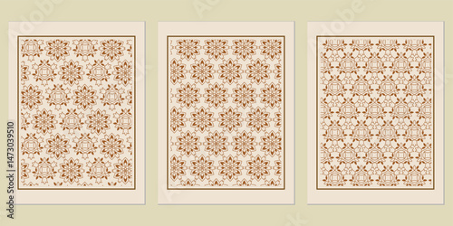 Set of three framed arabesque patterns with intricate floral and geometric motifs for stylish home decor art or elegant graphic design projects