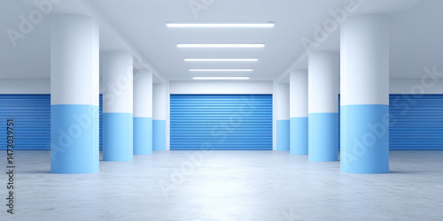 A spacious garage interior features white columns with blue accents and closed blue roll-up doors. Modern architectural design, clean and spacious