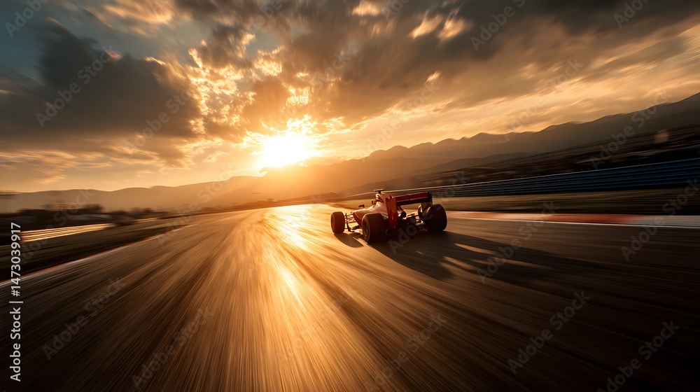 Obraz premium A formula one race car speeding around a circuit track during a vibrant, golden sunset.