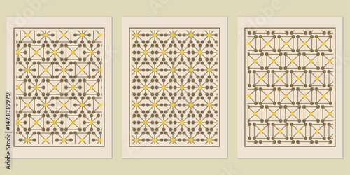 Geometric Harmony: A Trio of Coordinated Abstract Art Prints with Intricate Patterns and Calming Earth Tone Color Palettes Perfect for Modern Decor