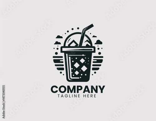 Refreshing Black and White Iced Drink Plastic Cup Straw Vector Logo Design, Cool Black White Iced Beverage Plastic Straw Logo Vector