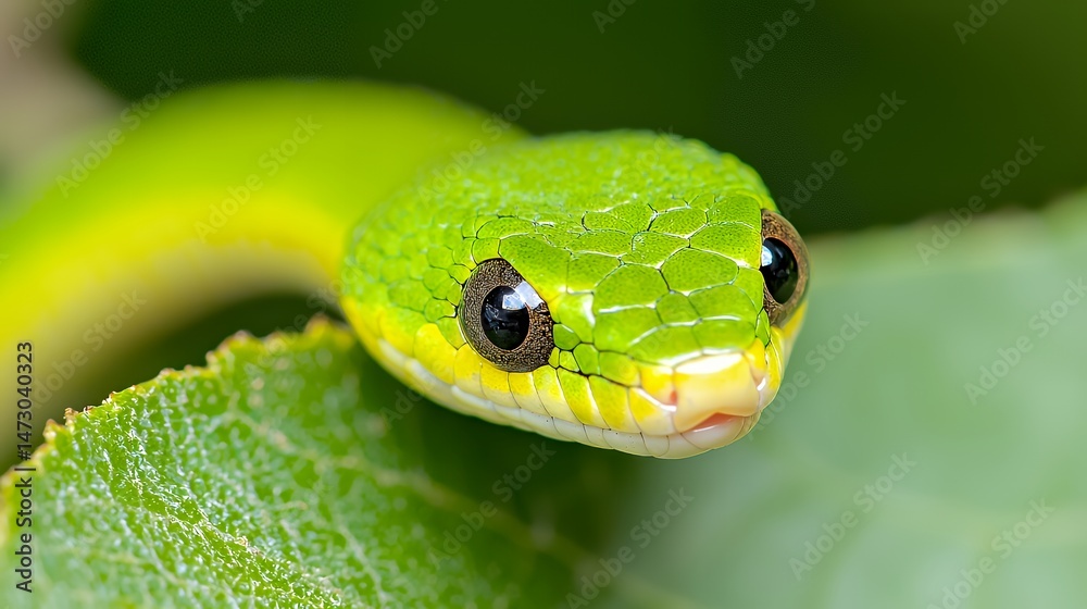 Fototapeta premium A vibrant green snake rests amidst lush foliage in a tranquil rainforest environment