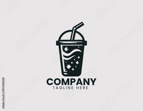 Refreshing Black and White Iced Drink Plastic Cup Straw Vector Logo Design, Cool Black White Iced Beverage Plastic Straw Logo Vector