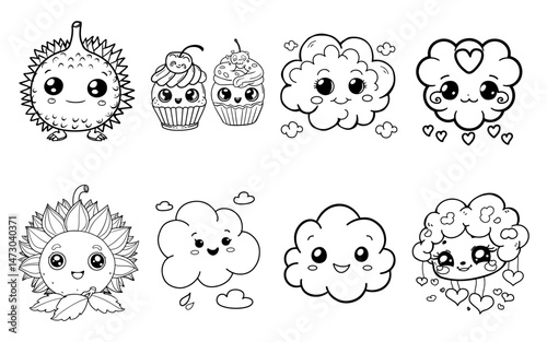 Cute Cartoon Durian Cupcakes Clouds and Sunflower Line Art
