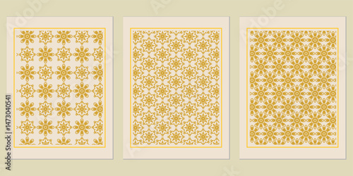 Elegant triptych illustration showcasing ornate golden flower motifs against a cream background, ideal for sophisticated interior décor or artistic presentations