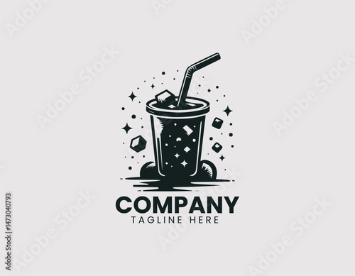 Refreshing Black and White Iced Drink Plastic Cup Straw Vector Logo Design, Cool Black White Iced Beverage Plastic Straw Logo Vector