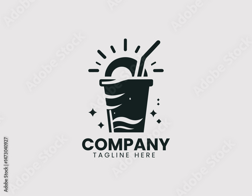 Refreshing Black and White Iced Drink Plastic Cup Straw Vector Logo Design, Cool Black White Iced Beverage Plastic Straw Logo Vector