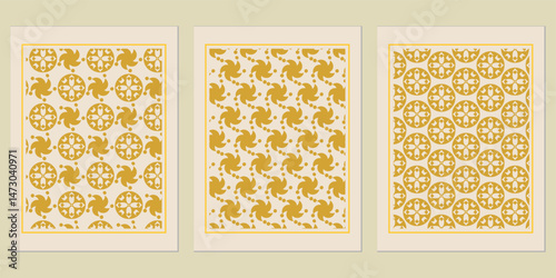 Harmonious collection of three art prints featuring abstract geometrical motifs with muted gold colors and structured patterns, offering visual aesthetic