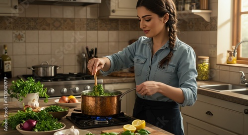 Woman cooking healthy food in kitchen photo