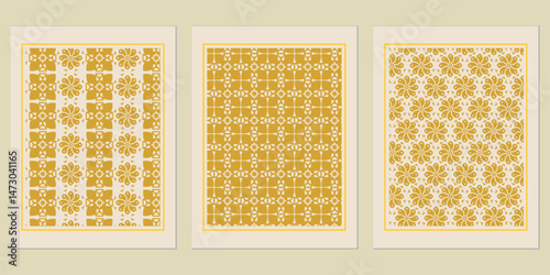 Aesthetic triptych featuring refined golden floral and geometric patterns offering versatile decorative possibilities for wall art and interior designs