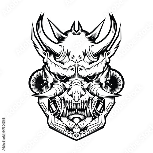 Detailed Black and White Cyberpunk Oni Mask Illustration