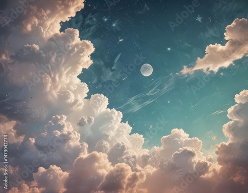 Distressed paper, retro sky, geometric clouds, stars ,  blue,  crackle