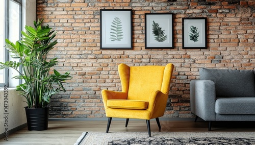 Modern, cozy living room with a pop of vibrant yellow