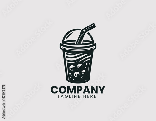 Refreshing Black and White Iced Drink Plastic Cup Straw Vector Logo Design, Cool Black White Iced Beverage Plastic Straw Logo Vector