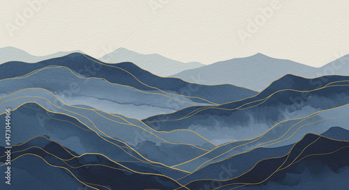 Serene Indigo & Gold Japandi Mountains: Abstract Watercolor Landscape Wallpaper & Luxury Wall Art