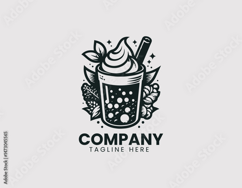 Delicious Black and White Boba Tea Tapioca Pearls Cream Vector Logo Design, Tasty Monochrome Boba Tea Tapioca Cream Logo Vector