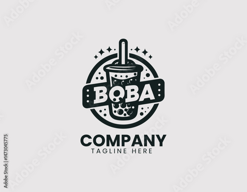 Delicious Black and White Boba Tea Tapioca Pearls Cream Vector Logo Design, Tasty Monochrome Boba Tea Tapioca Cream Logo Vector