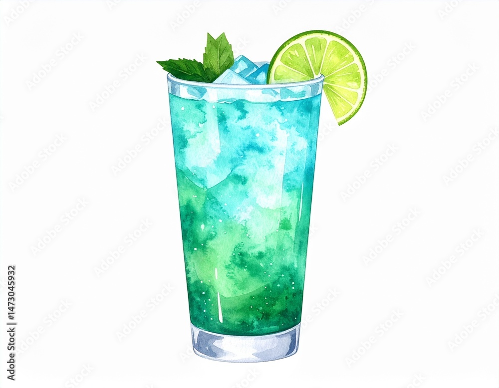 Turquoise drink with ice, mint, and lime garnish in a tall glass on a white background Turquoise drink with ice, mint, and lime garnish in a tall glass on a white background
