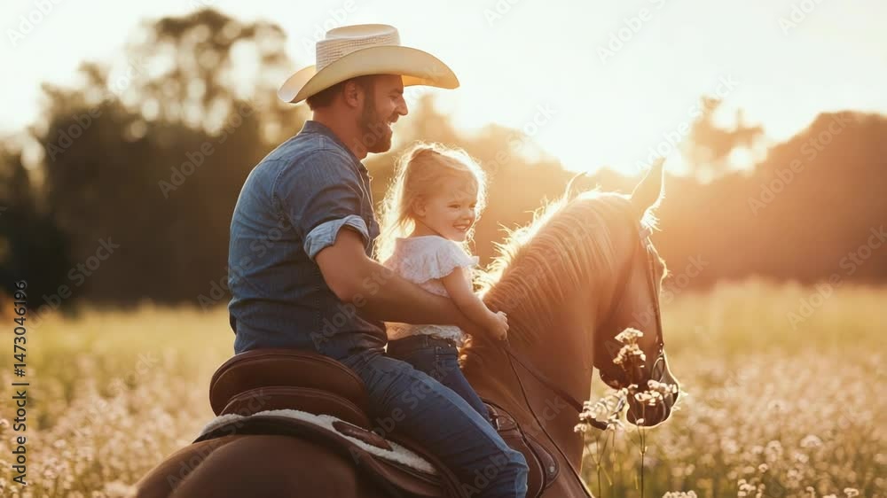 A joyful moment captured as a father and daughter ride a horse through a sunlit field, embodying the essence of family bonding and outdoor adventure.