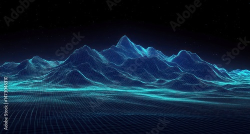 Digital wireframe landscape of mountainous terrain glowing with blue lines under a starry night sky evoking futuristic and technological ambiance