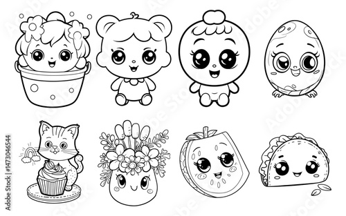 Kawaii Characters Girl in Bucket Bear Baby Egg Cat Flowers Watermelon Taco