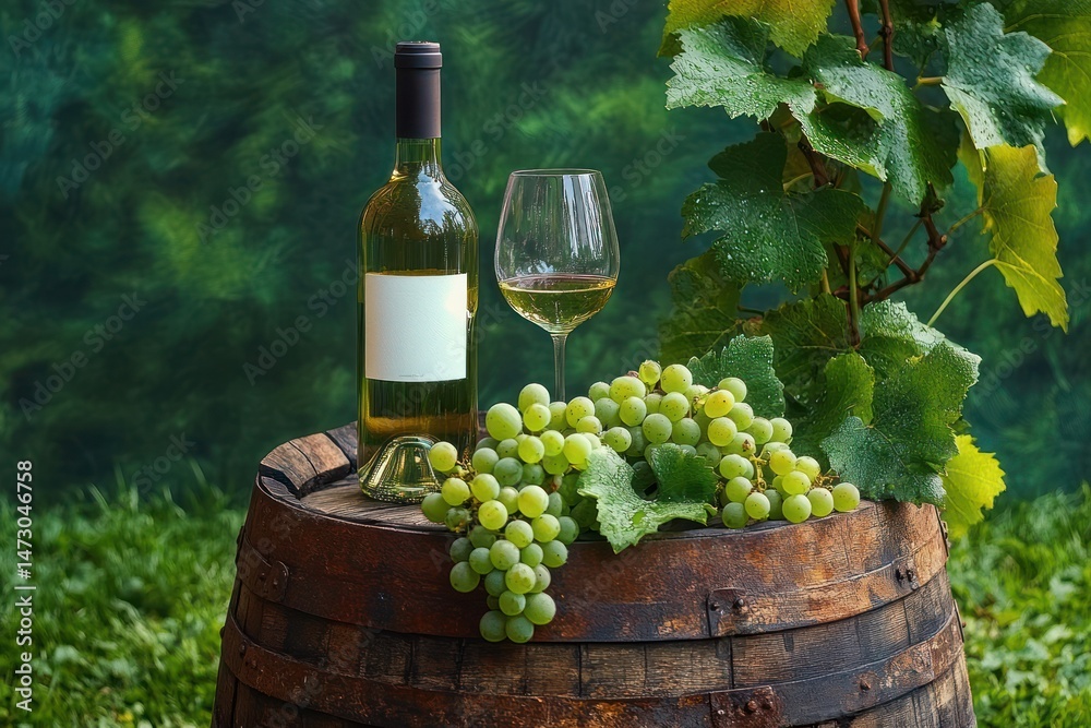 Fototapeta premium Bottle of white wine, glass of white wine, and bunches of green grapes arranged on a rustic wooden barrel next to green grapevine leaves in an outdoor vineyard setting