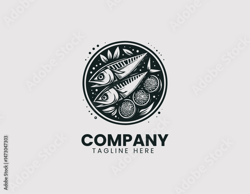 Fresh Sliced Mackerel on White Plate with Spice Garnish Vector Logo Design, Thinly Sliced Fresh Mackerel White Plate Spice Vector Logo