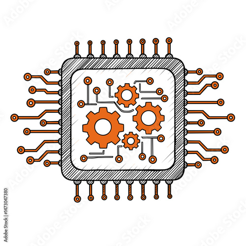 MLOps Concept Illustration. Gears in Microchip Design. Machine Learning Operations, AI, Automation, Technology. For presentations, reports, websites, articles