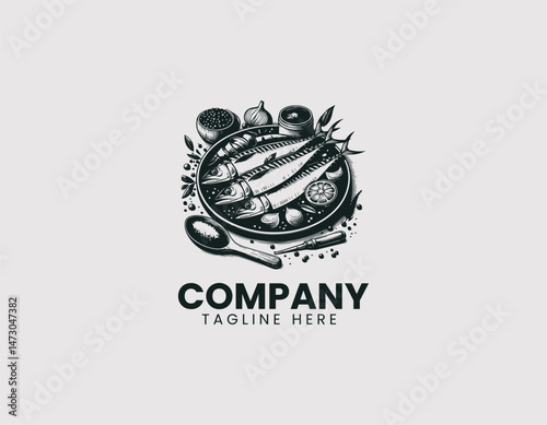 Fresh Sliced Mackerel on White Plate with Spice Garnish Vector Logo Design, Thinly Sliced Fresh Mackerel White Plate Spice Vector Logo