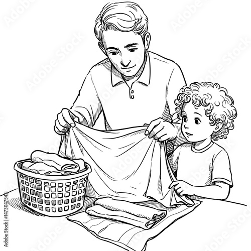 Child and Parent Folding Laundry Together, Home. Family bonding, domestic tasks, teaching life skills. For lifestyle, parenting, articles