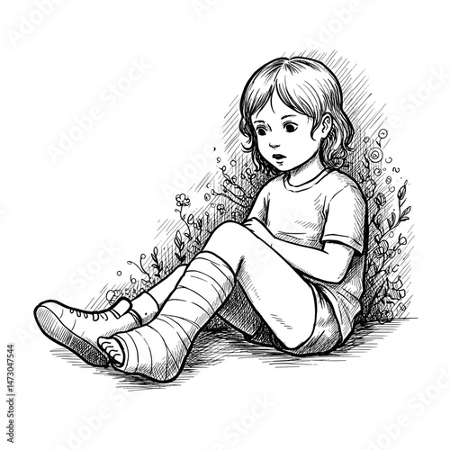 Child Thoughtful Sitting with Leg Cast in Floral Setting. Child injury, recovery concept. For medical, healthcare, parenting articles