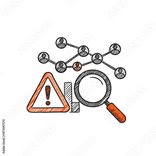 Crisis Traffic Analysis, Illustration. Network data flow, warning sign, magnifying glass. Concept of system issues, cybersecurity threat, risk assessment. For IT security, reports, articles