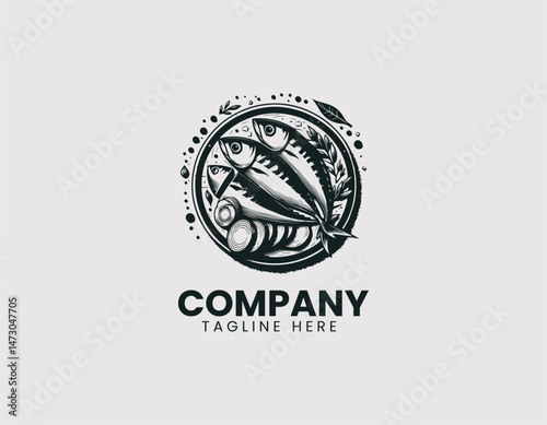 Fresh Sliced Mackerel on White Plate with Spice Garnish Vector Logo Design, Thinly Sliced Fresh Mackerel White Plate Spice Vector Logo