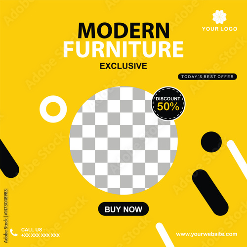 Modern Furniture Advertisement with Discount Offer and Placeholder Image