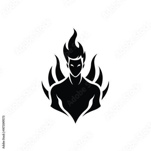 Powerful black and white silhouette design of a fiery character with a burning flame aura on a white background