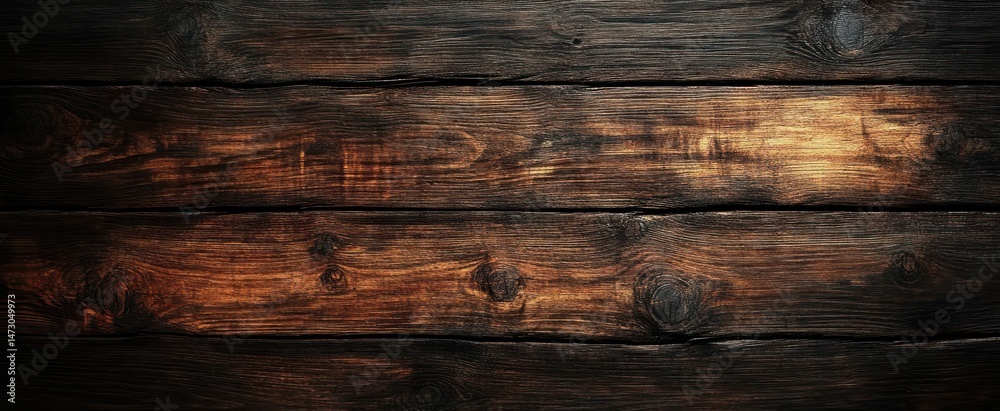 Fototapeta premium Close-up view of dark polished wooden planks with visible knots and grain texture creating a rustic atmosphere