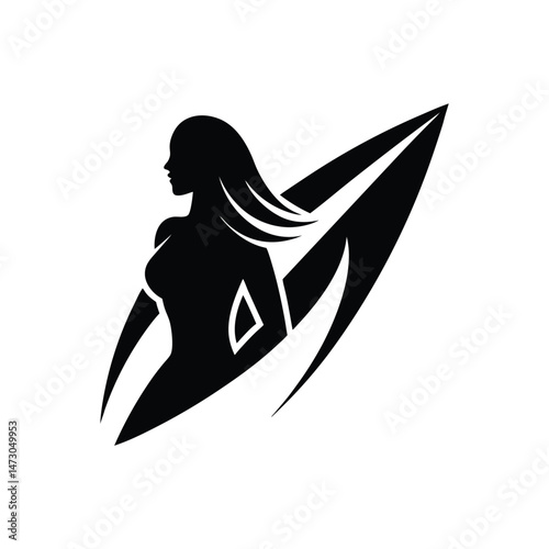 Elegant silhouette of a woman with flowing hair integrated with a surfboard design in black and white