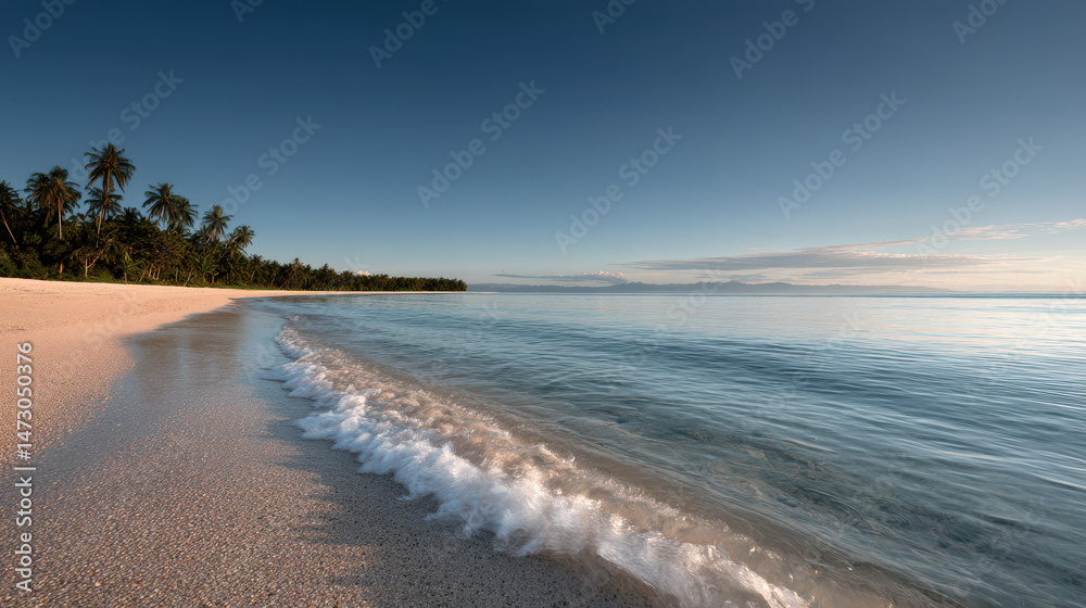 Fototapeta premium serene tropical beach with crystal clear waters and soft white sand surrounded by lush palm trees