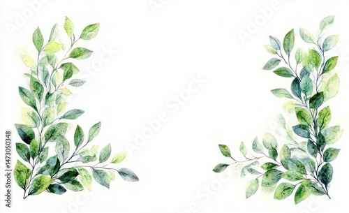 Delicate watercolor painting of green leafy branches framing the bottom left and right corners with a fresh and natural look on a white background