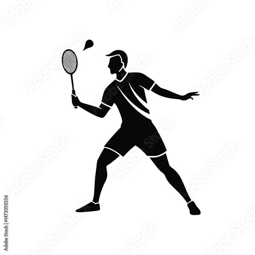 Black and white silhouette illustration of a badminton player hitting the shuttlecock during a match.