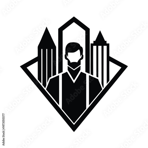 Professional architect or urban planner logo design with skyscrapers and geometric emblem in black and white