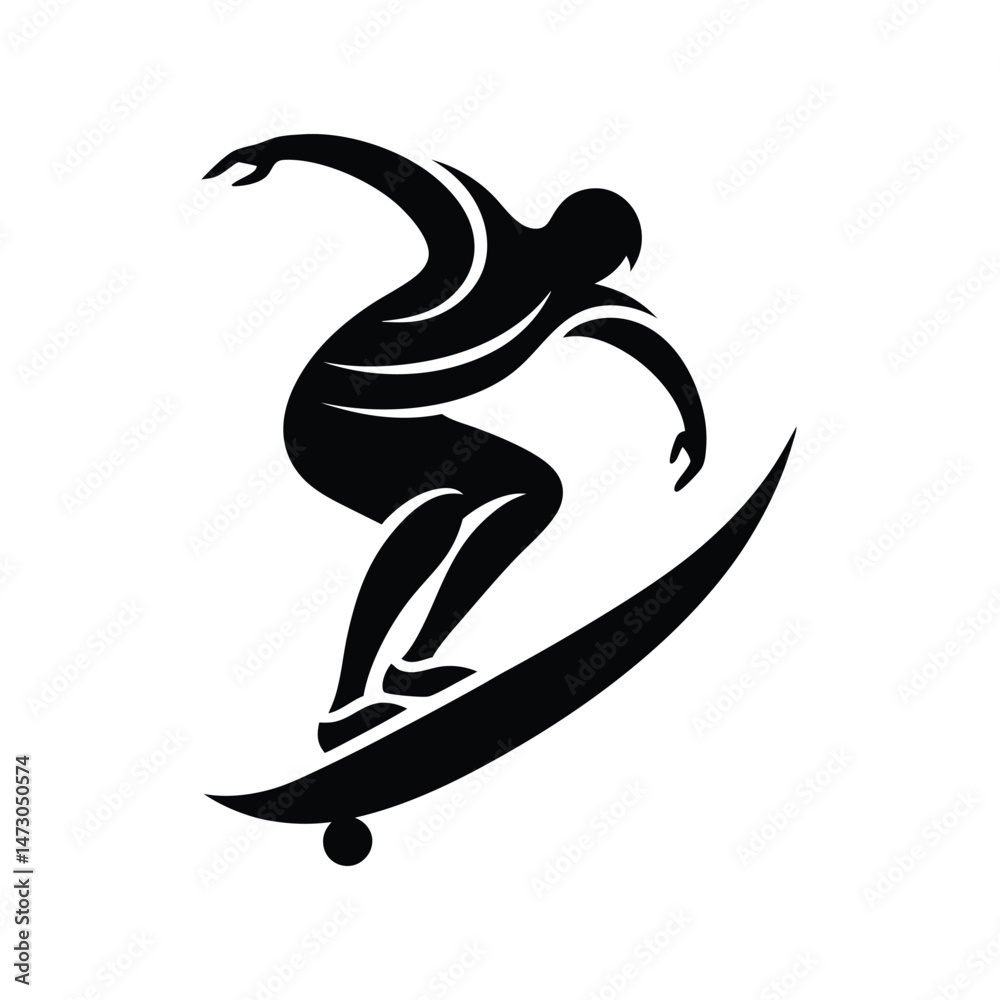 Obraz premium Black and white silhouette of a surfer riding a surfboard on the ocean wave vector design