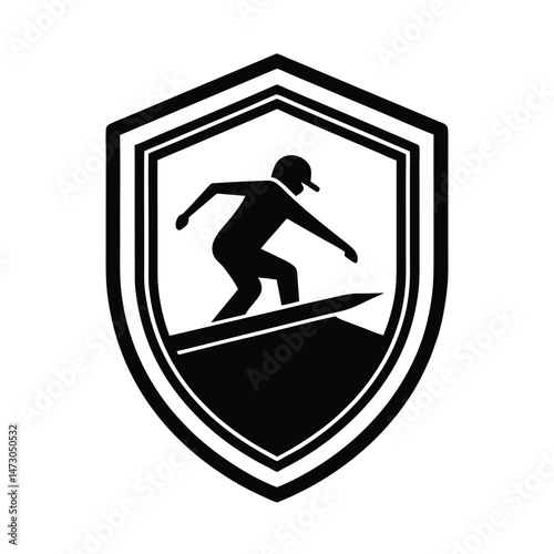 Surfer silhouette logo in shield shape represents surf club emblem or adventure sports icon