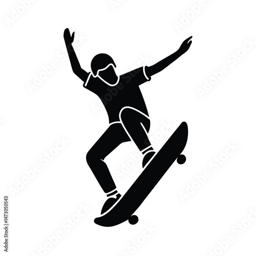 Silhouetted illustration of a skateboarder performing a trick with arms outstretched in action and movement
