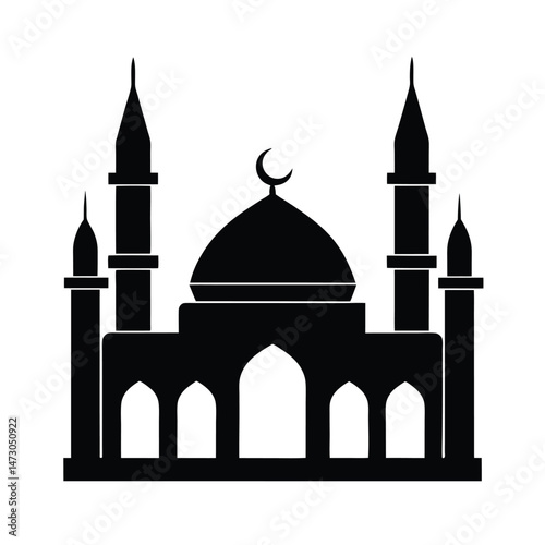 Silhouette illustration of a mosque building depicting muslim architecture with crescent moon and minarets