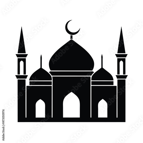 Simple black and white silhouette of an islamic mosque with minarets and crescent moon symbol on the top.