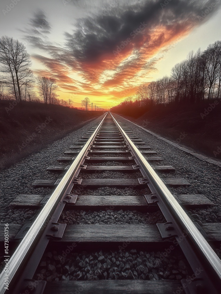 Fototapeta premium Sunset sky with dramatic clouds over empty railroad tracks surrounded by leafless trees creating a peaceful and contemplative mood