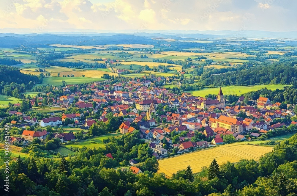 Obraz premium A vibrant small town nestled in lush green countryside with clusters of red-roofed houses, surrounding fields, and dense forest patches under a partly cloudy sky