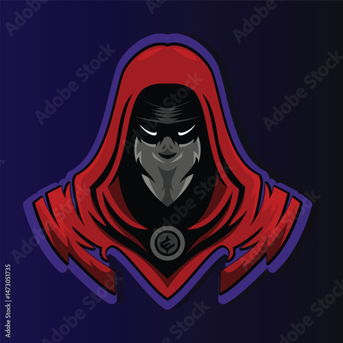 Red Hooded Figure with Mask and Emblem Illustration